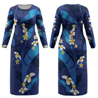 Teal Purple Banana Leaf Hawaii Couples Matching Long Sleeve Bodycon Dress and Long Sleeve Button Shirt Lau Maia Plumeria Tropical Summer Vibes LT14 - Polynesian Pride