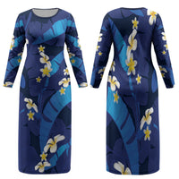Teal Purple Banana Leaf Hawaii Family Matching Long Sleeve Bodycon Dress and Hawaiian Shirt Lau Maia Plumeria Tropical Summer Vibes LT14 Mom's Dress Teal Purple - Polynesian Pride