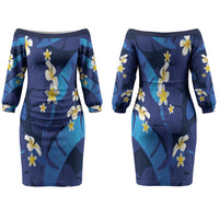 Teal Purple Banana Leaf Hawaii Family Matching Off The Shoulder Long Sleeve Dress and Hawaiian Shirt Lau Maia Plumeria Tropical Summer Vibes LT14 Mom's Dress Teal Purple - Polynesian Pride