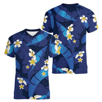 Teal Purple Banana Leaf Hawaii Women V-Neck T-Shirt Lau Maia Plumeria Tropical Summer Vibes LT14 - Polynesian Pride