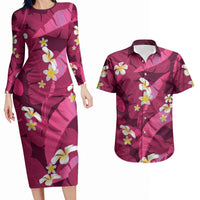 Pink Banana Leaf Hawaii Couples Matching Long Sleeve Bodycon Dress and Hawaiian Shirt Lau Maia Plumeria Tropical Summer Vibes LT14 Pink - Polynesian Pride