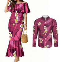 Pink Banana Leaf Hawaii Couples Matching Mermaid Dress and Long Sleeve Button Shirt Lau Maia Plumeria Tropical Summer Vibes LT14 Pink - Polynesian Pride