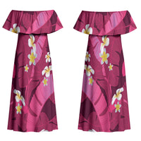 Pink Banana Leaf Hawaii Couples Matching Off Shoulder Maxi Dress and Long Sleeve Button Shirt Lau Maia Plumeria Tropical Summer Vibes LT14 - Polynesian Pride
