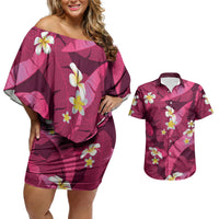 Pink Banana Leaf Hawaii Couples Matching Off Shoulder Short Dress and Hawaiian Shirt Lau Maia Plumeria Tropical Summer Vibes LT14 Pink - Polynesian Pride