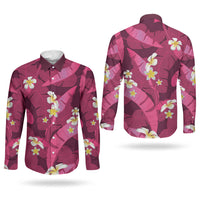 Pink Banana Leaf Hawaii Couples Matching Off Shoulder Short Dress and Long Sleeve Button Shirt Lau Maia Plumeria Tropical Summer Vibes LT14 - Polynesian Pride