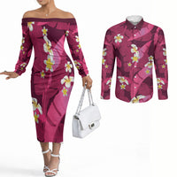 Pink Banana Leaf Hawaii Couples Matching Off The Shoulder Long Sleeve Dress and Long Sleeve Button Shirt Lau Maia Plumeria Tropical Summer Vibes LT14 Pink - Polynesian Pride