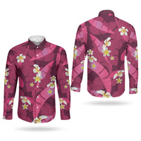 Pink Banana Leaf Hawaii Couples Matching Short Sleeve Bodycon Dress and Long Sleeve Button Shirt Lau Maia Plumeria Tropical Summer Vibes LT14 - Polynesian Pride