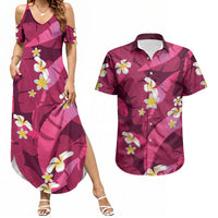 Pink Banana Leaf Hawaii Couples Matching Summer Maxi Dress and Hawaiian Shirt Lau Maia Plumeria Tropical Summer Vibes LT14 Pink - Polynesian Pride