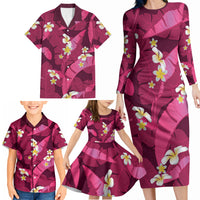 Pink Banana Leaf Hawaii Family Matching Long Sleeve Bodycon Dress and Hawaiian Shirt Lau Maia Plumeria Tropical Summer Vibes LT14 - Polynesian Pride