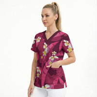 Pink Banana Leaf Hawaii Scrub Top Lau Maia Plumeria Tropical Summer Vibes LT14 - Polynesian Pride