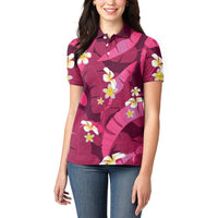 Pink Banana Leaf Hawaii Women Polo Shirt Lau Maia Plumeria Tropical Summer Vibes LT14 - Polynesian Pride