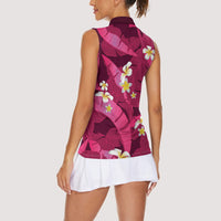Pink Banana Leaf Hawaii Women Sleeveless Polo Shirt Lau Maia Plumeria Tropical Summer Vibes LT14 - Polynesian Pride