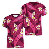 Pink Banana Leaf Hawaii Women V-Neck T-Shirt Lau Maia Plumeria Tropical Summer Vibes LT14 - Polynesian Pride