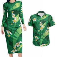 Green Banana Leaf Hawaii Couples Matching Long Sleeve Bodycon Dress and Hawaiian Shirt Lau Maia Plumeria Tropical Summer Vibes LT14 Green - Polynesian Pride