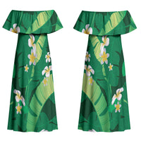 Green Banana Leaf Hawaii Couples Matching Off Shoulder Maxi Dress and Hawaiian Shirt Lau Maia Plumeria Tropical Summer Vibes LT14 - Polynesian Pride