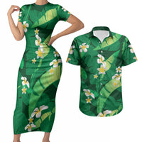 Green Banana Leaf Hawaii Couples Matching Short Sleeve Bodycon Dress and Hawaiian Shirt Lau Maia Plumeria Tropical Summer Vibes LT14 Green - Polynesian Pride