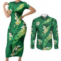 Green Banana Leaf Hawaii Couples Matching Short Sleeve Bodycon Dress and Long Sleeve Button Shirt Lau Maia Plumeria Tropical Summer Vibes LT14 Green - Polynesian Pride
