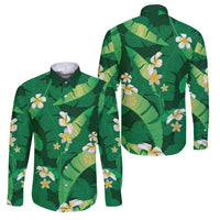 Green Banana Leaf Hawaii Family Matching Off Shoulder Short Dress and Hawaiian Shirt Lau Maia Plumeria Tropical Summer Vibes LT14 Dad's Shirt - Long Sleeve Green - Polynesian Pride
