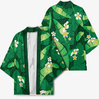 Green Banana Leaf Hawaii Kimono Lau Maia Plumeria Tropical Summer Vibes LT14 - Polynesian Pride