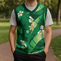 Green Banana Leaf Hawaii Christmas Knitted V-Neck Vest Lau Maia Plumeria Tropical Summer Vibes