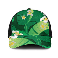 Green Banana Leaf Hawaii Mesh Trucker Cap Lau Maia Plumeria Tropical Summer Vibes LT14 One Size Black Green - Polynesian Pride