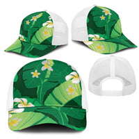 Green Banana Leaf Hawaii Mesh Trucker Cap Lau Maia Plumeria Tropical Summer Vibes LT14 - Polynesian Pride
