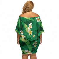 Green Banana Leaf Hawaii Off Shoulder Short Dress Lau Maia Plumeria Tropical Summer Vibes LT14 - Polynesian Pride