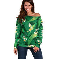 Green Banana Leaf Hawaii Off Shoulder Sweater Lau Maia Plumeria Tropical Summer Vibes LT14 Women Green - Polynesian Pride