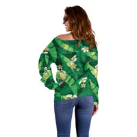 Green Banana Leaf Hawaii Off Shoulder Sweater Lau Maia Plumeria Tropical Summer Vibes LT14 - Polynesian Pride