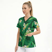 Green Banana Leaf Hawaii Scrub Top Lau Maia Plumeria Tropical Summer Vibes LT14 - Polynesian Pride