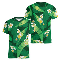 Green Banana Leaf Hawaii Women V-Neck T-Shirt Lau Maia Plumeria Tropical Summer Vibes LT14 - Polynesian Pride