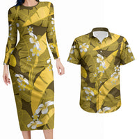 Yellow Banana Leaf Hawaii Couples Matching Long Sleeve Bodycon Dress and Hawaiian Shirt Lau Maia Plumeria Tropical Summer Vibes LT14 Yellow - Polynesian Pride