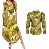 Yellow Banana Leaf Hawaii Couples Matching Summer Maxi Dress and Long Sleeve Button Shirt Lau Maia Plumeria Tropical Summer Vibes LT14 Yellow - Polynesian Pride