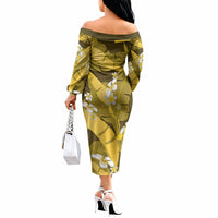 Yellow Banana Leaf Hawaii Off The Shoulder Long Sleeve Dress Lau Maia Plumeria Tropical Summer Vibes LT14 - Polynesian Pride