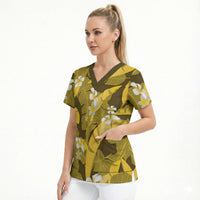 Yellow Banana Leaf Hawaii Scrub Top Lau Maia Plumeria Tropical Summer Vibes LT14 - Polynesian Pride