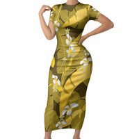 Yellow Banana Leaf Hawaii Short Sleeve Bodycon Dress Lau Maia Plumeria Tropical Summer Vibes LT14 Long Dress Yellow - Polynesian Pride