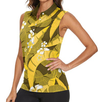 Yellow Banana Leaf Hawaii Women Sleeveless Polo Shirt Lau Maia Plumeria Tropical Summer Vibes LT14 - Polynesian Pride