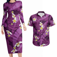 Purple Banana Leaf Hawaii Couples Matching Long Sleeve Bodycon Dress and Hawaiian Shirt Lau Maia Plumeria Tropical Summer Vibes LT14 Purple - Polynesian Pride