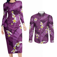 Purple Banana Leaf Hawaii Couples Matching Long Sleeve Bodycon Dress and Long Sleeve Button Shirt Lau Maia Plumeria Tropical Summer Vibes LT14 Purple - Polynesian Pride