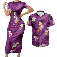 Purple Banana Leaf Hawaii Couples Matching Short Sleeve Bodycon Dress and Hawaiian Shirt Lau Maia Plumeria Tropical Summer Vibes LT14 Purple - Polynesian Pride
