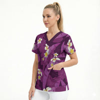 Purple Banana Leaf Hawaii Scrub Top Lau Maia Plumeria Tropical Summer Vibes LT14 - Polynesian Pride