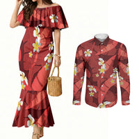 Red Banana Leaf Hawaii Couples Matching Mermaid Dress and Long Sleeve Button Shirt Lau Maia Plumeria Tropical Summer Vibes LT14 Red - Polynesian Pride