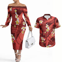 Red Banana Leaf Hawaii Couples Matching Off The Shoulder Long Sleeve Dress and Hawaiian Shirt Lau Maia Plumeria Tropical Summer Vibes LT14 Red - Polynesian Pride