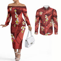 Red Banana Leaf Hawaii Couples Matching Off The Shoulder Long Sleeve Dress and Long Sleeve Button Shirt Lau Maia Plumeria Tropical Summer Vibes LT14 Red - Polynesian Pride