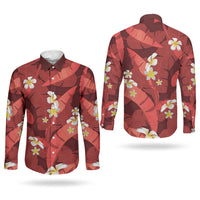 Red Banana Leaf Hawaii Couples Matching Puletasi and Long Sleeve Button Shirt Lau Maia Plumeria Tropical Summer Vibes LT14 - Polynesian Pride