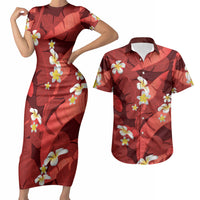 Red Banana Leaf Hawaii Couples Matching Short Sleeve Bodycon Dress and Hawaiian Shirt Lau Maia Plumeria Tropical Summer Vibes LT14 Red - Polynesian Pride