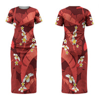 Red Banana Leaf Hawaii Couples Matching Short Sleeve Bodycon Dress and Long Sleeve Button Shirt Lau Maia Plumeria Tropical Summer Vibes LT14 - Polynesian Pride