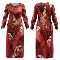 Red Banana Leaf Hawaii Family Matching Long Sleeve Bodycon Dress and Hawaiian Shirt Lau Maia Plumeria Tropical Summer Vibes LT14 Mom's Dress Red - Polynesian Pride