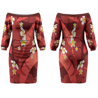 Red Banana Leaf Hawaii Family Matching Off The Shoulder Long Sleeve Dress and Hawaiian Shirt Lau Maia Plumeria Tropical Summer Vibes LT14 Mom's Dress Red - Polynesian Pride