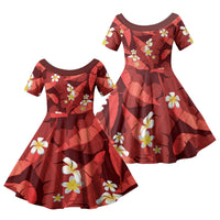 Red Banana Leaf Hawaii Family Matching Off The Shoulder Long Sleeve Dress and Hawaiian Shirt Lau Maia Plumeria Tropical Summer Vibes LT14 Daughter's Dress Red - Polynesian Pride